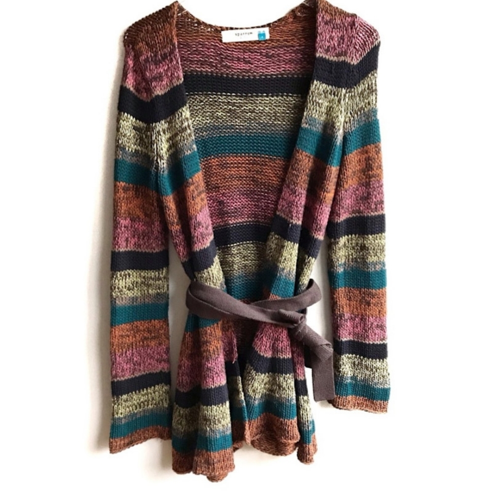 Sparrow Anthropologie Multicolored Striped Belted Boho Knit Cardigan Size Large